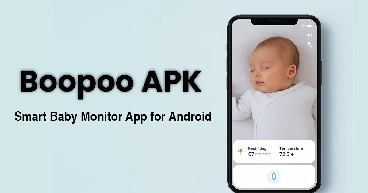 Smartphone displaying baby monitor interface with sleeping baby, designed as a clean background for Boopoo APK banner.