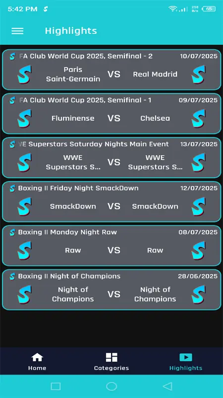 Sportzfy App home screen showing featured channels and content highlights