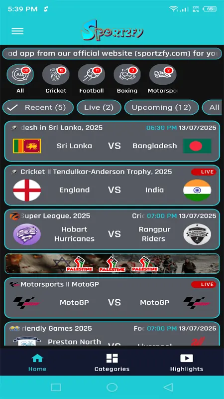 Sportzfy App home screen