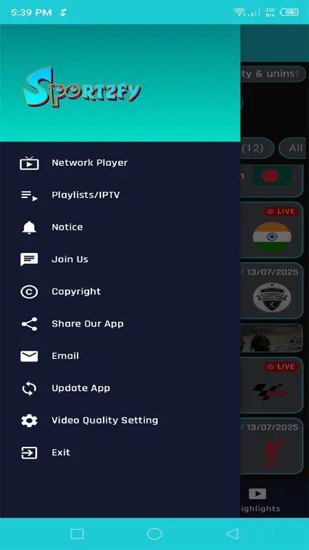 Screenshot of Sportzfy App menu displaying key navigation options