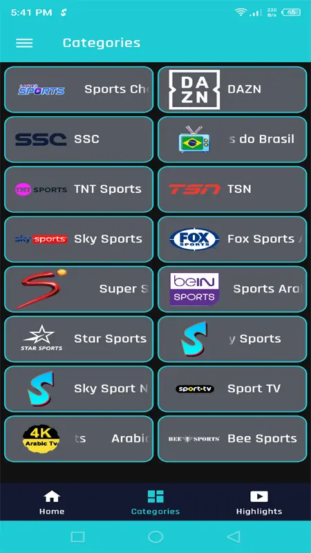 Screenshot showing different content categories available in the Sportzfy App