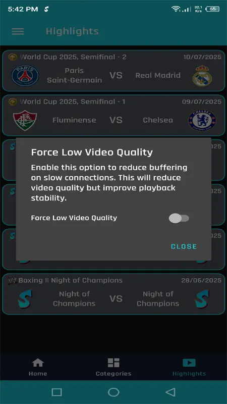 Screenshot showing video quality adjustment options in Sportzfy App
