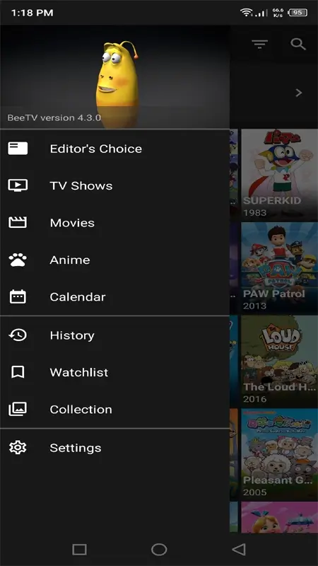 Main menu of BeeTV APK with user-friendly navigation options