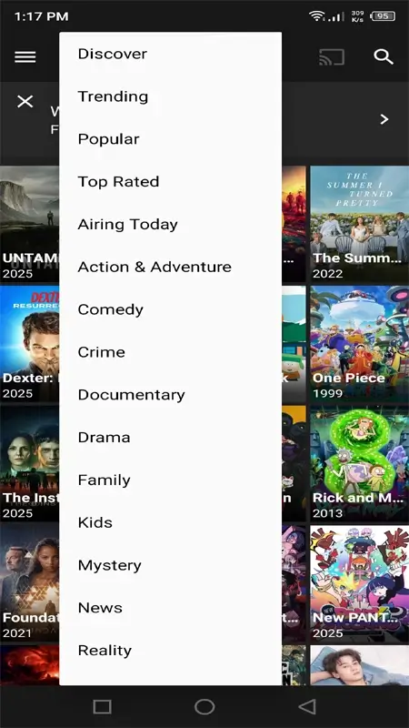 Menu screen of BeeTV APK showing a list of streaming categories for movies and TV shows