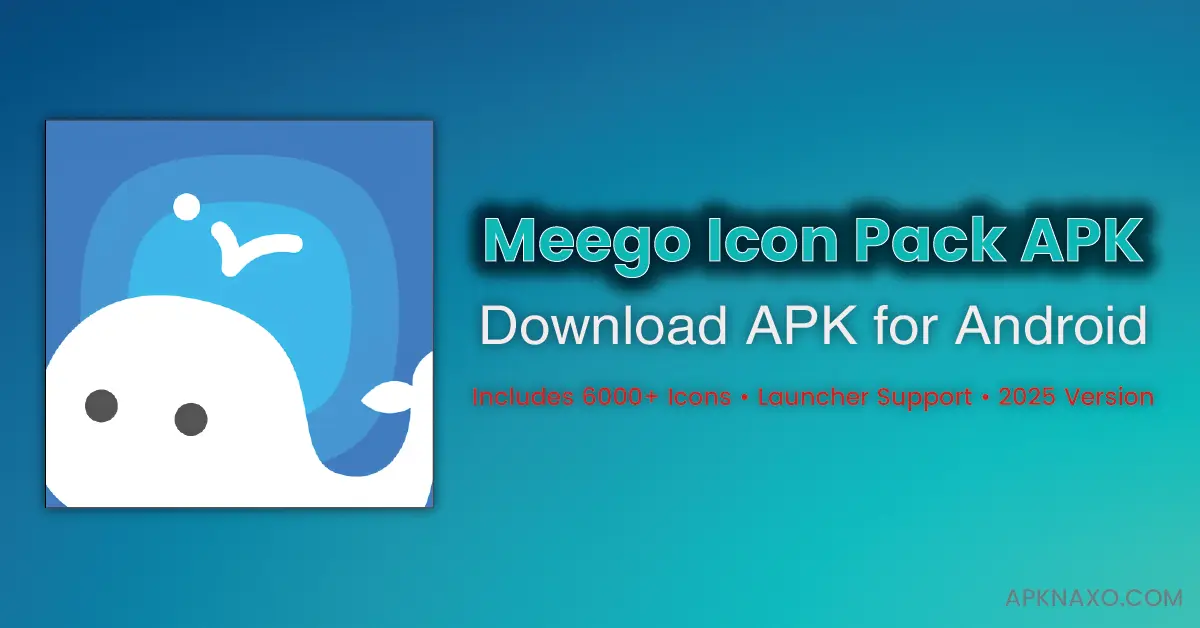 Meego Icon Pack APK banner showing MeeGo-style squircle icons for Android, compatible with Nova and Lawnchair launchers.