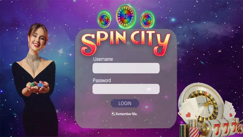 SpinCity 777 APK login interface with user account fields