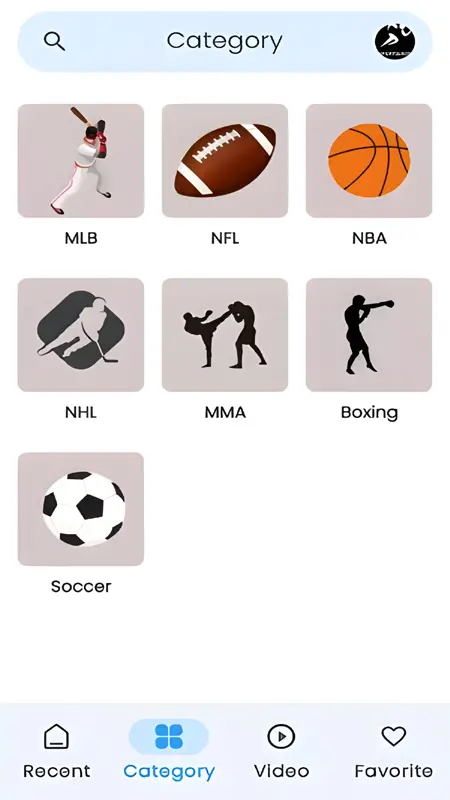 Categories screen in Sportsurge APK displaying a list of sports sections for easy navigation