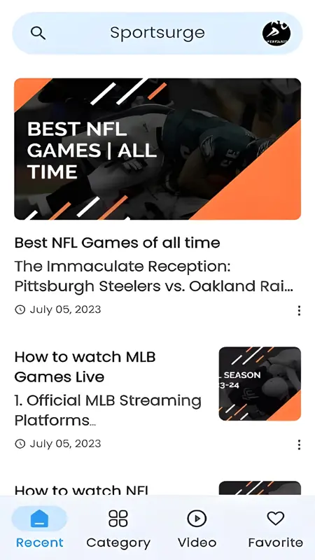 Screenshot of the Recent section in Sportsurge APK showing recently streamed or available sports matches