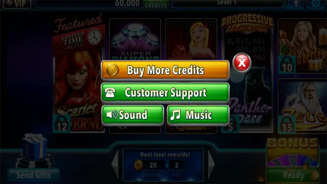 Settings or account menu inside Vegas Jackpots 777 Android app